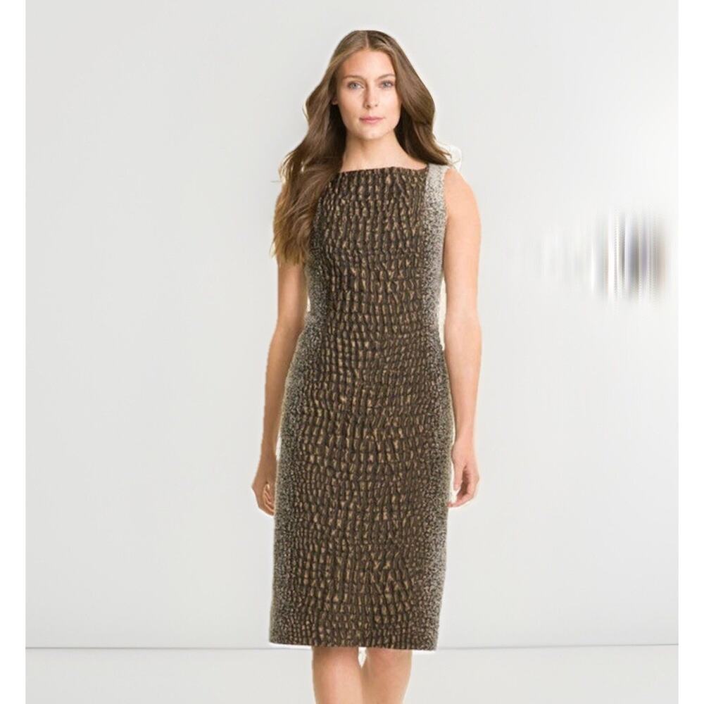 Lafayette 148 New York Brown Faith Shift Dress Size 12 Reptile Texture Modern